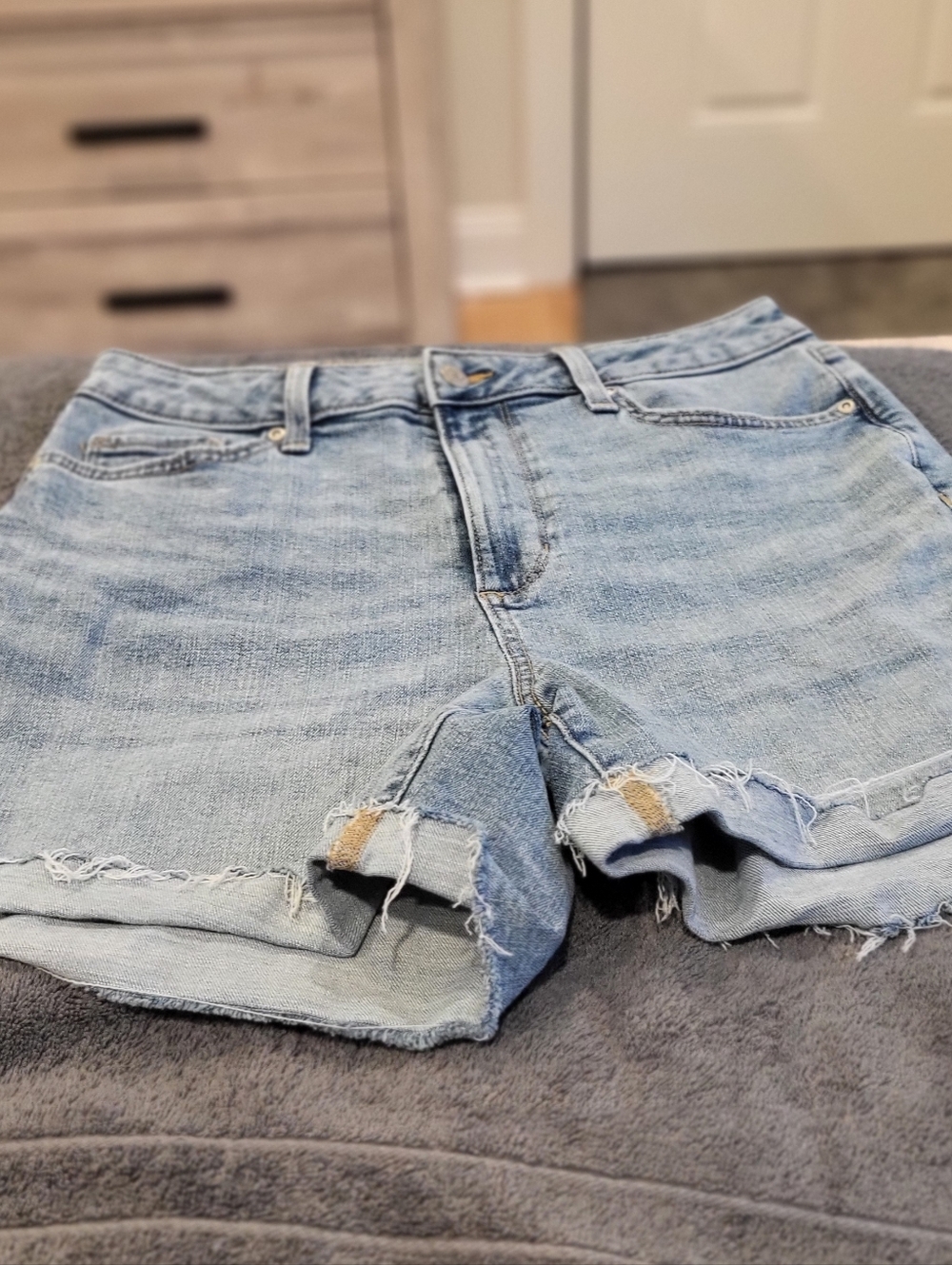 Light Blue Distressed Roll-Hem Denim Shorts